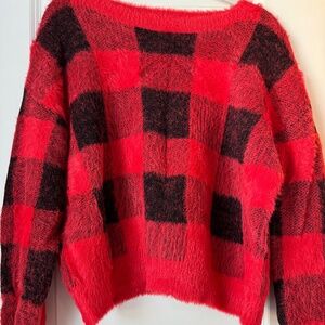 Express Sweaters | Red And Black Checkered Fuzzy Sweater  | Size: L